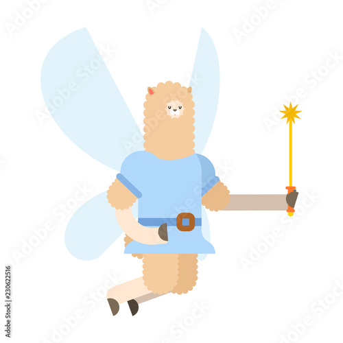Llama Fairy. magical Lama alpaca. Tiny creature with wings. Flying Mythical fabulous character and magic wand