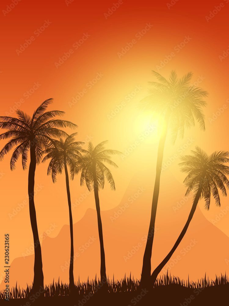 summer palm trees in sunset scene. vector illustration. EPS 10