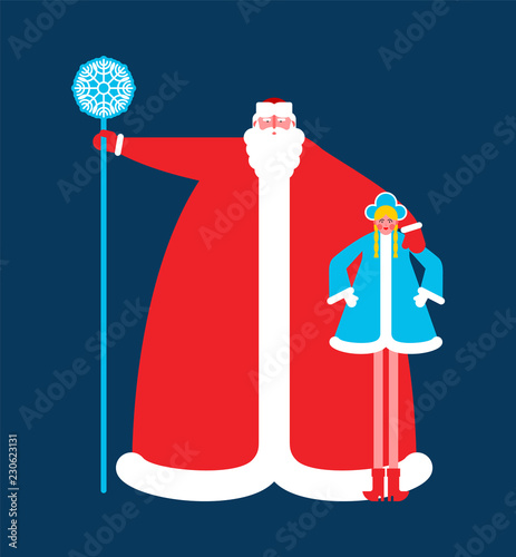 Ded Moroz and Snow Maiden. Father Frost National traditional folk Russian Santa Claus. Big bearded grandfather and Granddaughter in Russia. New Year grandpa.