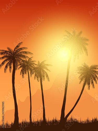 summer palm trees in sunset scene. vector illustration. EPS 10 © evrimdoga