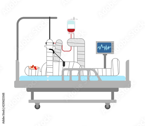 Injured man in Medical bed. Man in bandages. Bandaged patient bedside. Accident consequences. Medicine Vector illustration