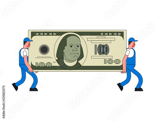 Movers and large money. Porters carry Big dollar. Delivery service. Loader mover man holding. Moving Vector illustration