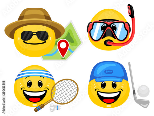 Vector set of emoticons with summer sport outfits. Collection of face icons with sport elements for diving, travel, badminton and golf in cartoon style on white background.