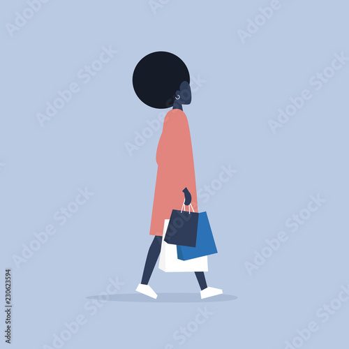 Young female african american character holding a bunch of paper bags. Shopping. Millennial consumer. Flat editable vector illustration, clip art