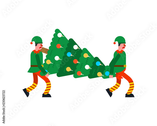 Santa Elf Movers carry Christmas tree. Porters man and Spruce. Loader mover man holding Fir. New Year and Xmas Vector illustration