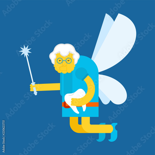 Old Tooth Fairy. Coin exchange for tooth. Little magical Grandmother. Tiny creature with wings. Flying Mythical fabulous character and magic wand