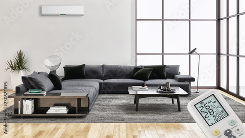 modern bright interiors Living room with air conditioning and remote control illustration 3D rendering computer generated image photo