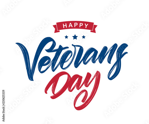 Vector illustration: Handwritten calligraphic brush lettering composition of Happy Veterans Day.
