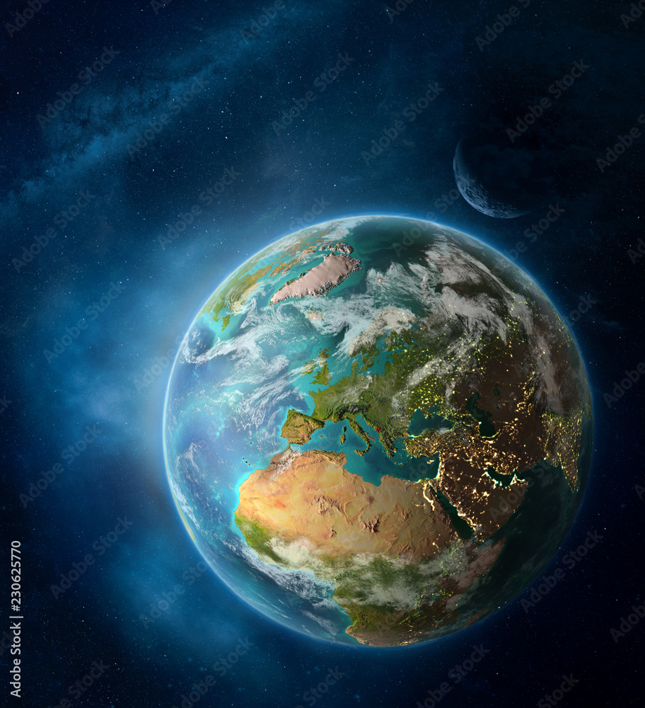 Montenegro from space on Earth surrounded by space with Moon and Milky Way. Detailed planet surface with city lights and clouds. Montenegro from space on Earth surrounded by space with Moon and Milky Way. Detailed planet surface with city lights and clouds.