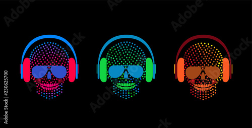 Skull icons with headphones, halftone neon color background