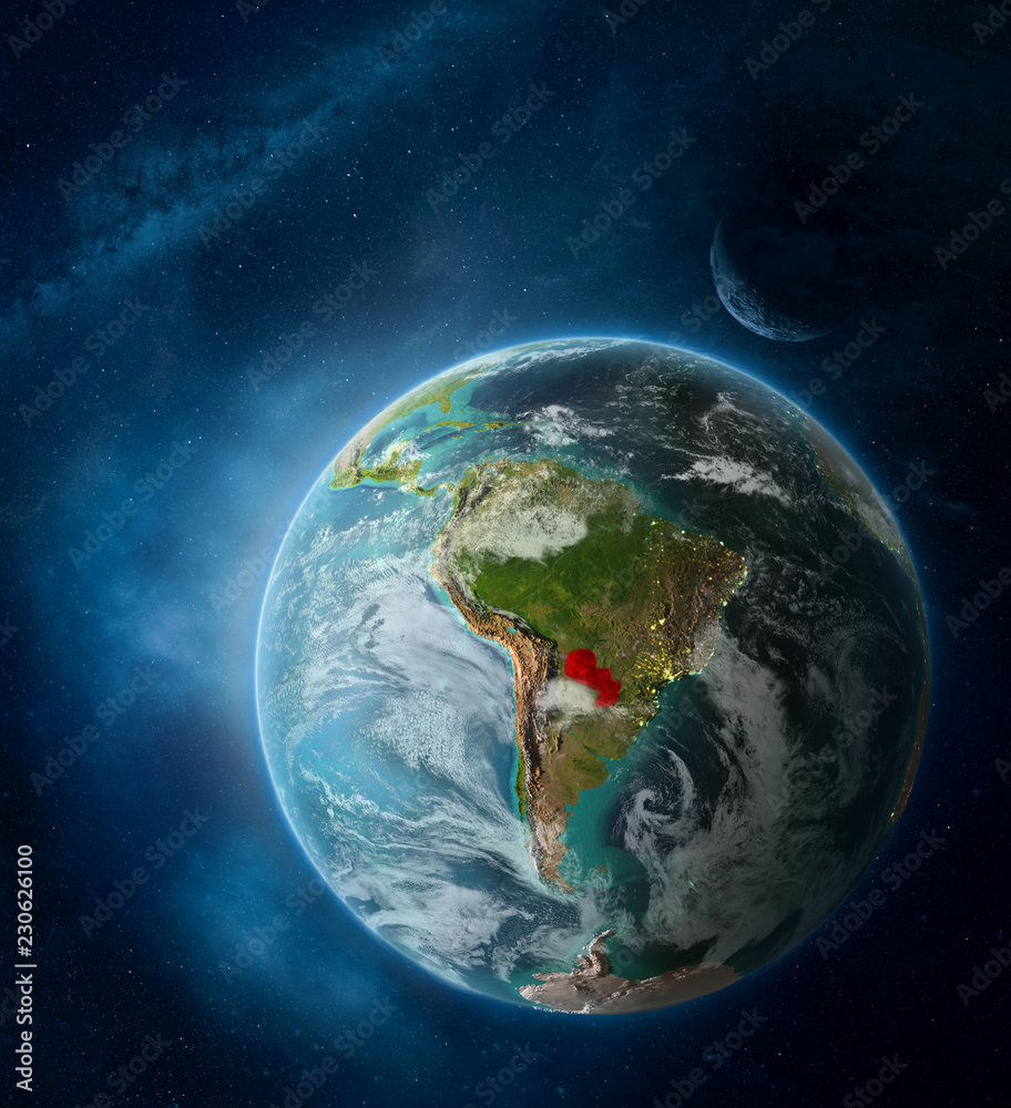 Paraguay from space on Earth surrounded by space with Moon and Milky Way. Detailed planet surface with city lights and clouds. Paraguay from space on Earth surrounded by space with Moon and Milky Way. Detailed planet surface with city lights and clouds.