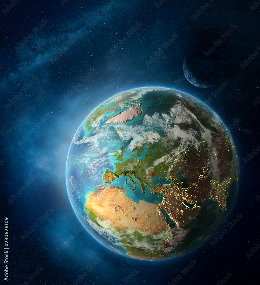 Moldova from space on Earth surrounded by space with Moon and Milky Way. Detailed planet surface with city lights and clouds. Moldova from space on Earth surrounded by space with Moon and Milky Way. Detailed planet surface with city lights and clouds.