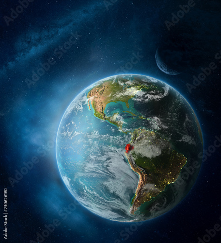 Fototapeta Naklejka Na Ścianę i Meble -  Ecuador from space on Earth surrounded by space with Moon and Milky Way. Detailed planet surface with city lights and clouds.
