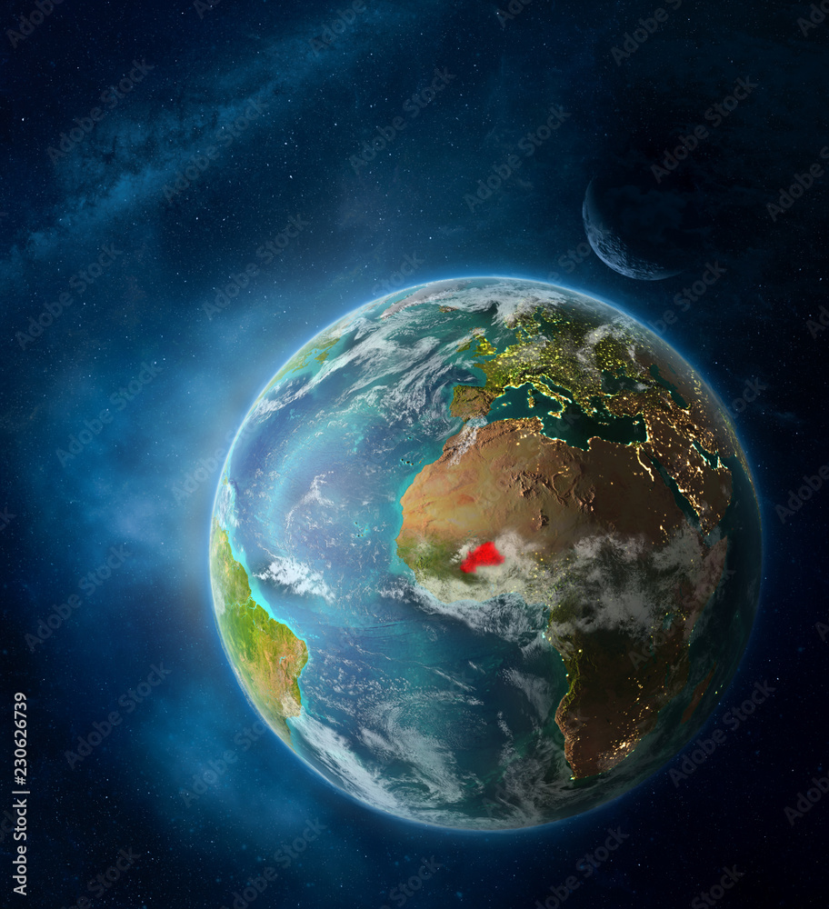 Burkina Faso from space on Earth surrounded by space with Moon and Milky Way. Detailed planet surface with city lights and clouds. Burkina Faso from space on Earth surrounded by space with Moon and Milky Way. Detailed planet surface with city lights and clouds.