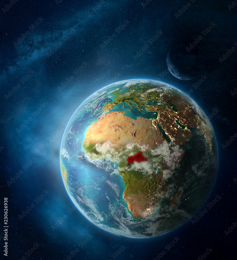 Central Africa from space on Earth surrounded by space with Moon and Milky Way. Detailed planet surface with city lights and clouds.