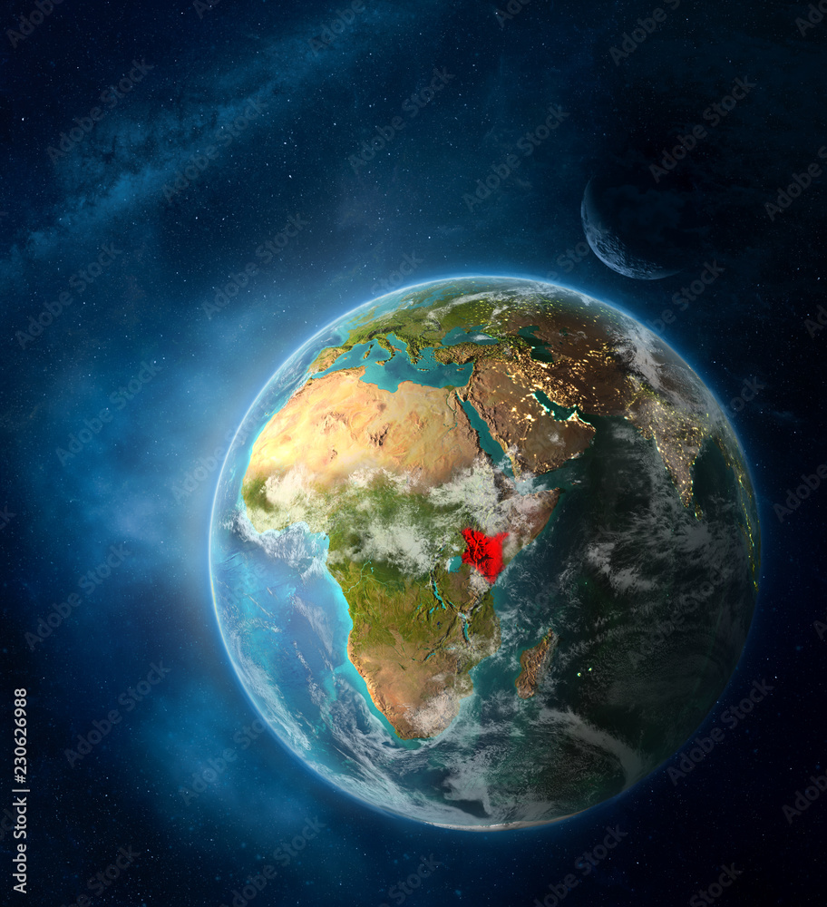 Kenya from space on Earth surrounded by space with Moon and Milky Way. Detailed planet surface with city lights and clouds.