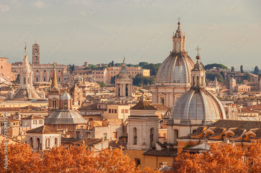 Rome historic center skyline autumn view just before sunset