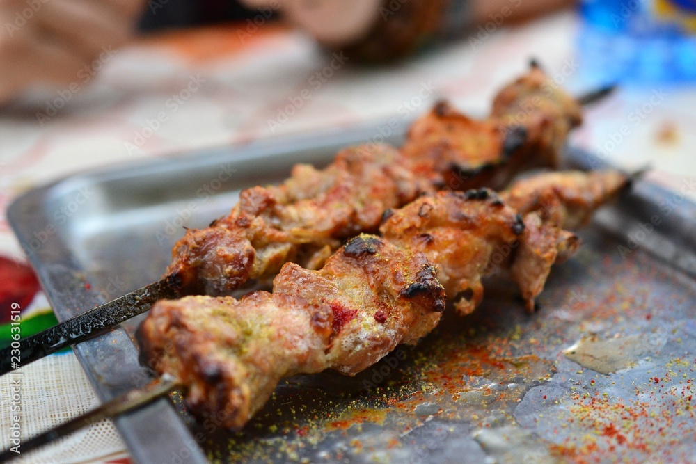 Chinese lamb meat skewers in Xinjiang Uyghur style barbeque