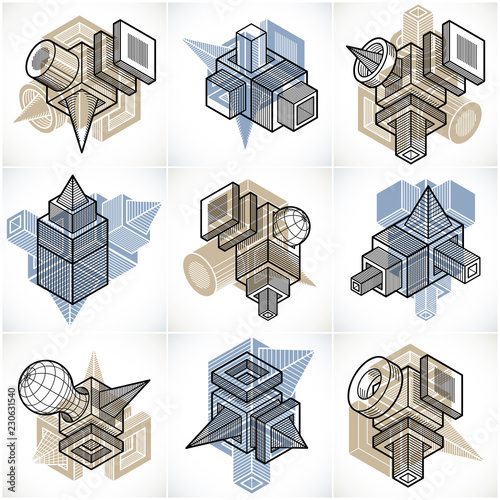 3D engineering vectors, collection of abstract shapes.