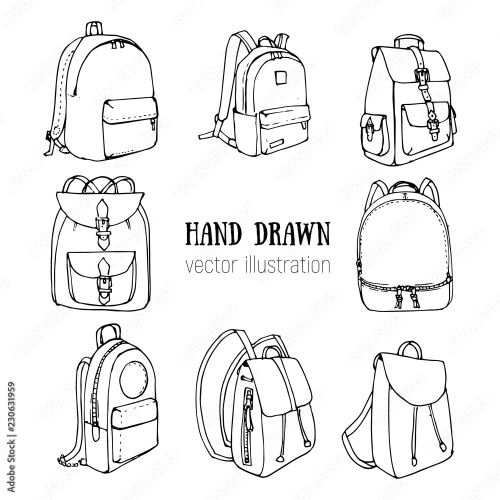 Hand drawn Vector Set of Doodle Backpacks. Cartoon Casual Backpack ...