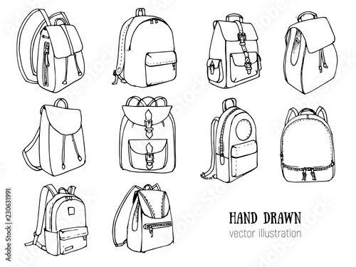 Hand drawn Vector Set of Doodle Backpacks. Cartoon Casual Backpack, cool backpack sketch . Vector illustration. Back to school. Schoolbag decorative element .