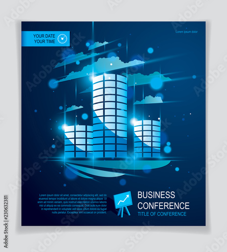 Futuristic building ad, modern vector architecture brochure with blurred lights and glares effect. Real estate realty business center blue design. 3D futuristic facade business conference template.