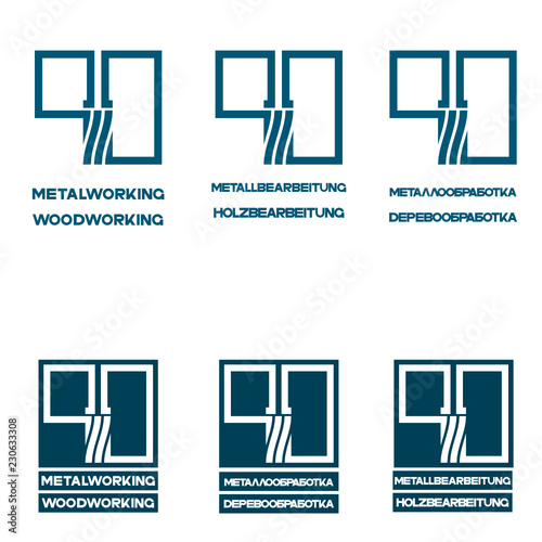 
illustration consisting of several images of milling cutters for wood and metal and the inscription "woodworking" and "metalworking" in the form of a symbol or logo