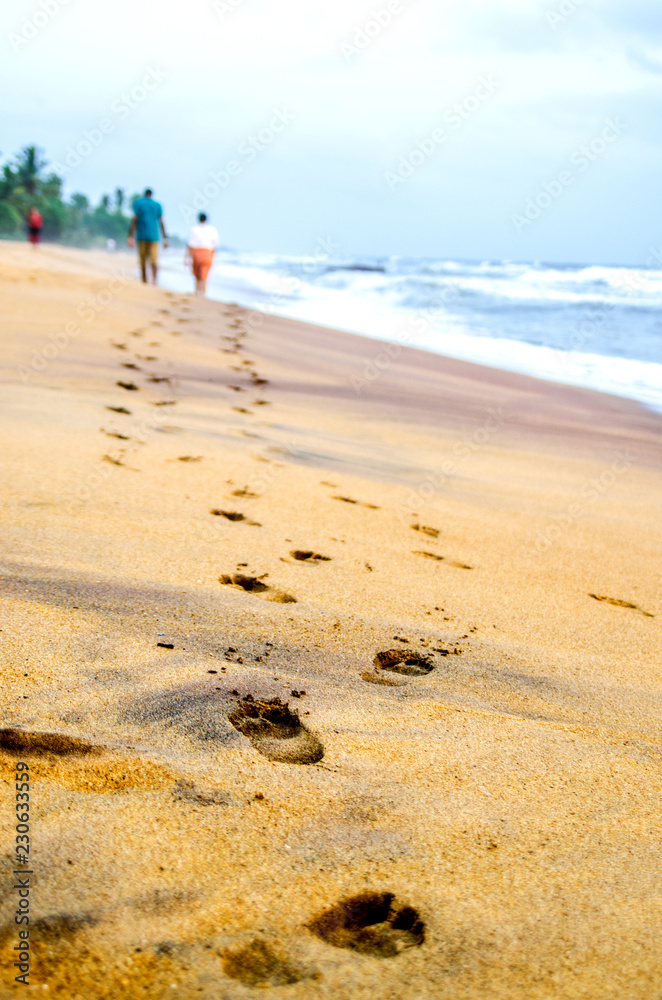 Footprints of a couple in love on the sand at Kalutara beach. Sri Lanka
Footprints of a couple in love on the sand at Kalutara beach. Sri Lanka
