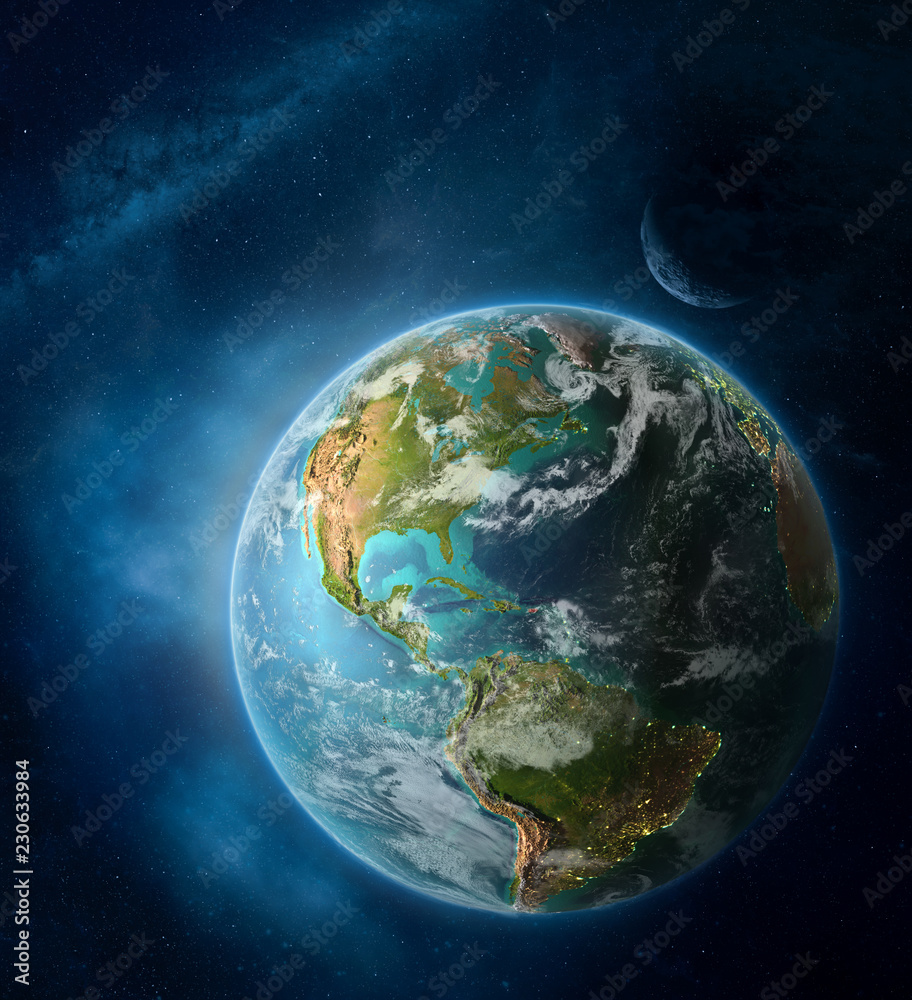 Puerto Rico from space on Earth surrounded by space with Moon and Milky Way. Detailed planet surface with city lights and clouds. Puerto Rico from space on Earth surrounded by space with Moon and Milky Way. Detailed planet surface with city lights and clouds.