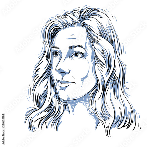 Graphic vector hand-drawn illustration of white skin attractive naive lady feel sorry about something. People face expressions.