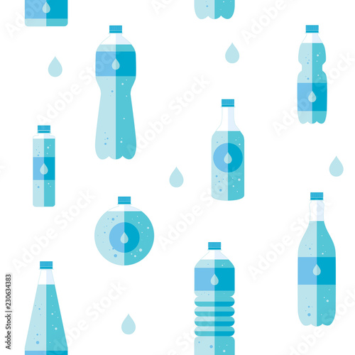 Seamless pattern in the flat style. Bottles of water. Healthy product
