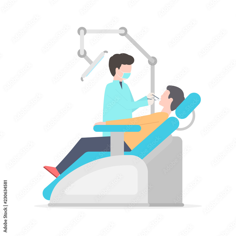 Dentist with tools in his hands  examining patient man teeth on the chair. Dental office. Vector illustration of flat design isolated on white background