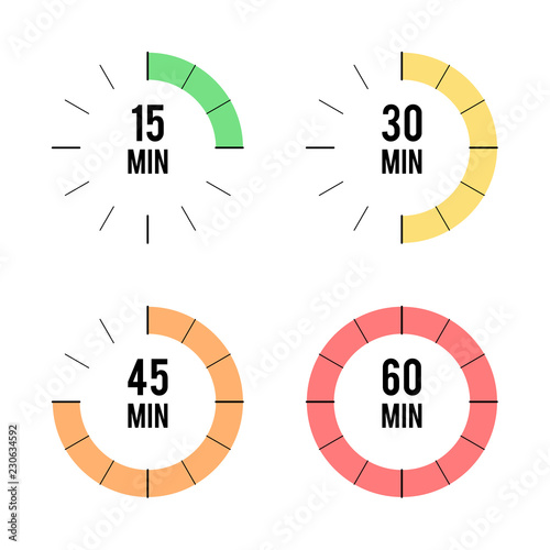 Set of timers: fifteen, thirty, forty-five and sixty minutes. Vector illustration isolated icons on white background