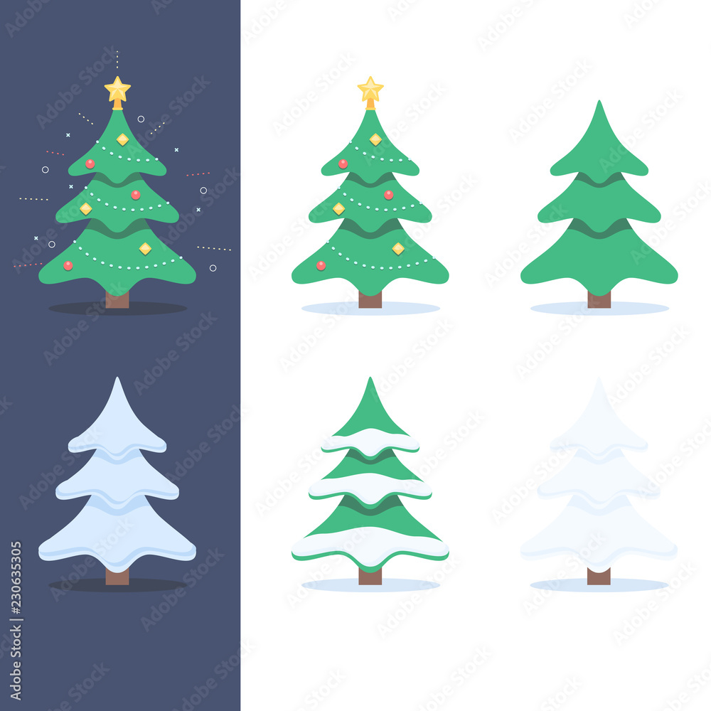 Christmas trees set. Different trees from under the snow, the decorations, on white and dark background. Vector illustration, template for design of festive new year web banner, poster, flyer