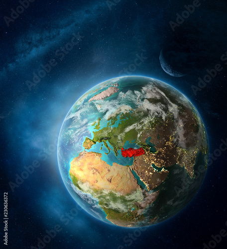 Fototapeta Naklejka Na Ścianę i Meble -  Turkey from space on Earth surrounded by space with Moon and Milky Way. Detailed planet surface with city lights and clouds.