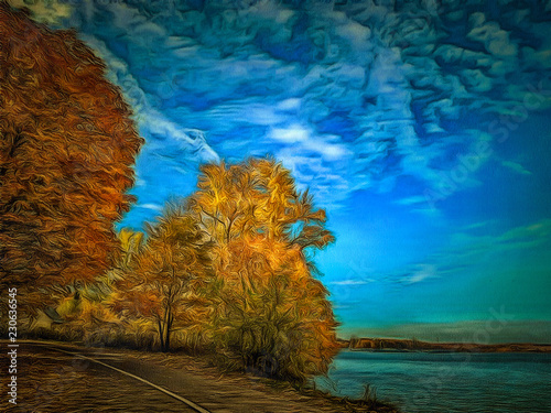 Fototapeta Naklejka Na Ścianę i Meble -  Painted image of a picturesque autumn landscape. Illustration
