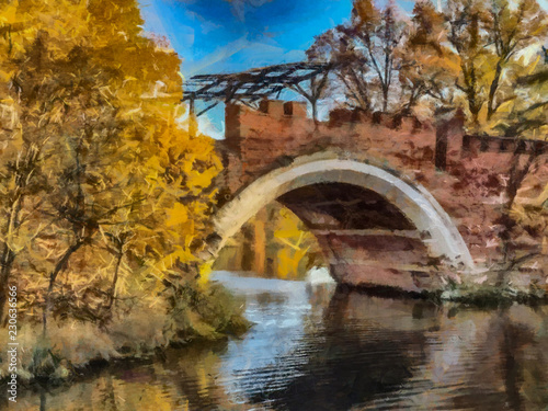 Painted image of a picturesque autumn landscape. Illustration  