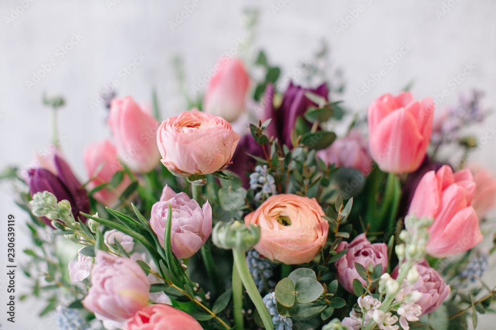 bunch of different pink roses flowers, spring mood