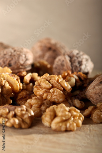 Close up of walnuts on the wooden board