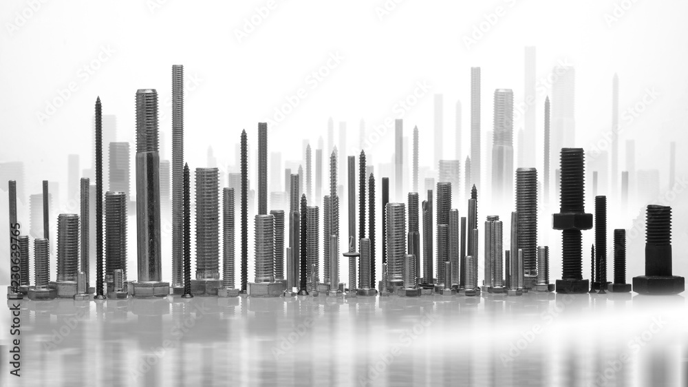Different sizes of screws on black background, Different sizes of screws on black background,