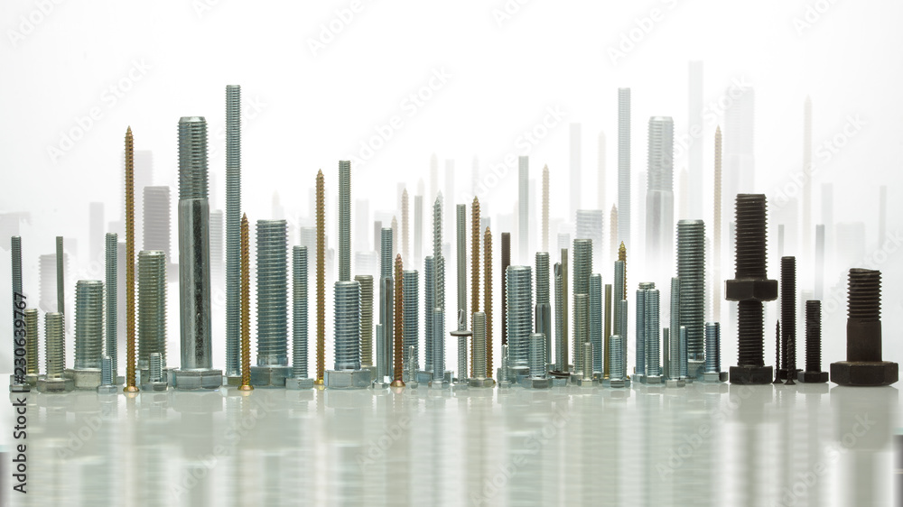 Different sizes of screws on black background, Different sizes of screws on black background,