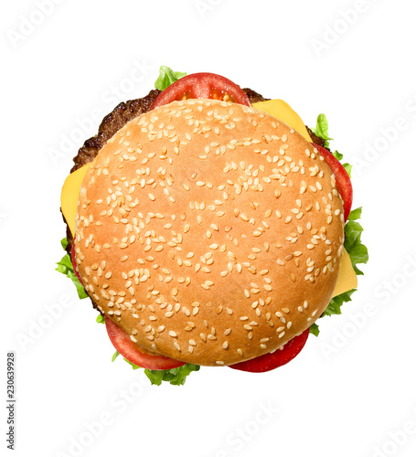 An overhead shot of a burger