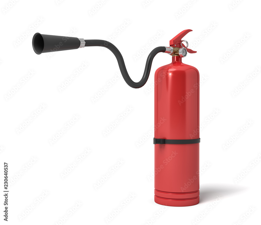 3d rendering of a single red fire extinguisher with its hose lifted up the nozzle pointed straight. 3d rendering of a single red fire extinguisher with its hose lifted up the nozzle pointed straight.