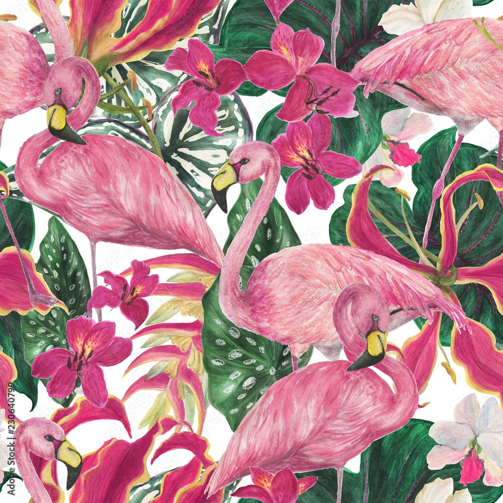 Naklejka premium Akwarela malarstwo wzór z flamingo ptaków i liści tropikalnych