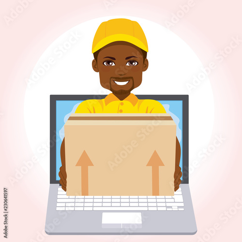 African American courier delivery boy popping out laptop online shopping order concept