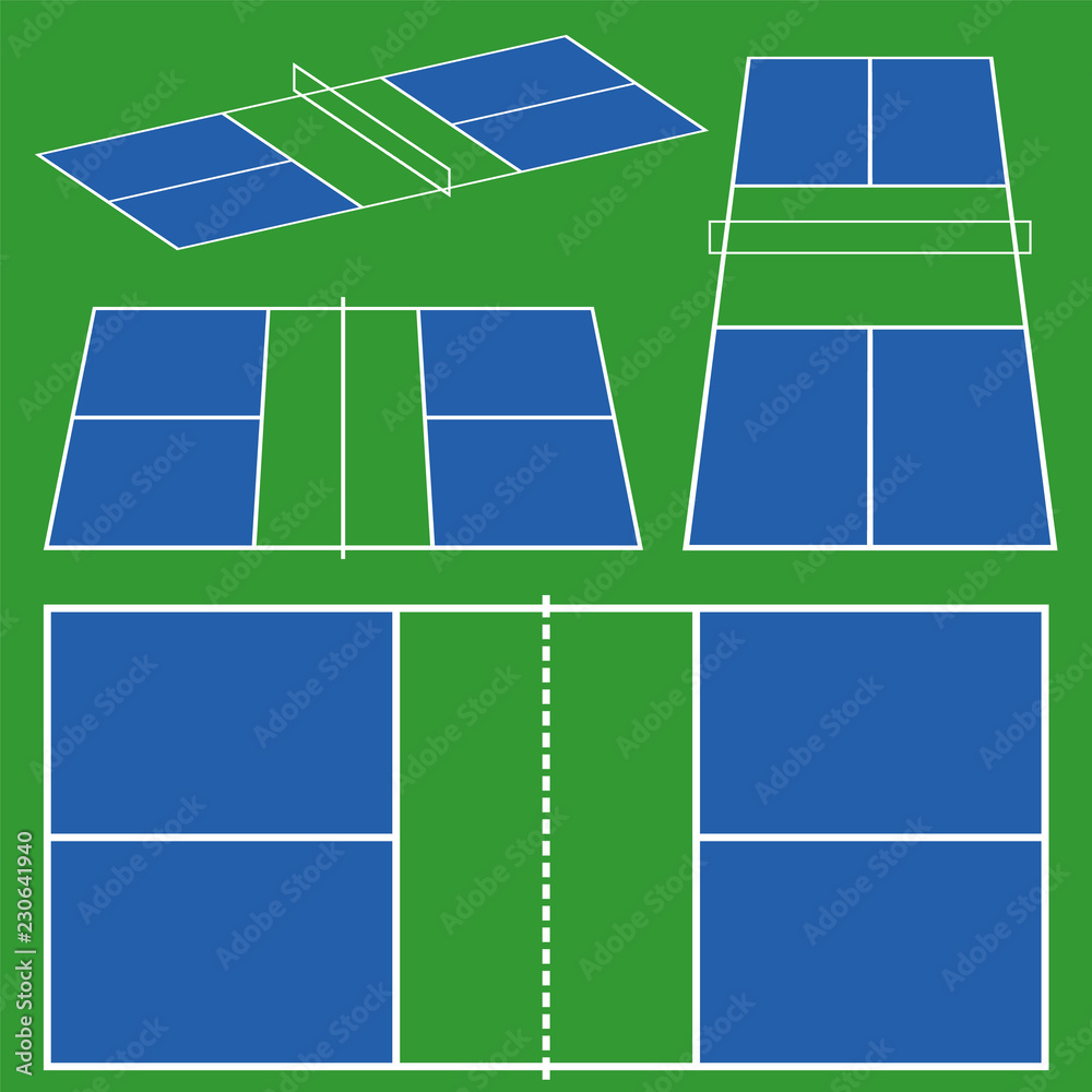 pickleball court game scheme. different perspective top, side, isometric view in flat line color. stock vector illustration