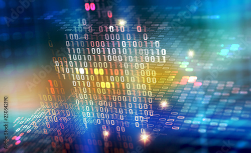 Binary code 3D illustration. Digital data protection. Cyberspace information flow. Telecommunication technologies of the future.