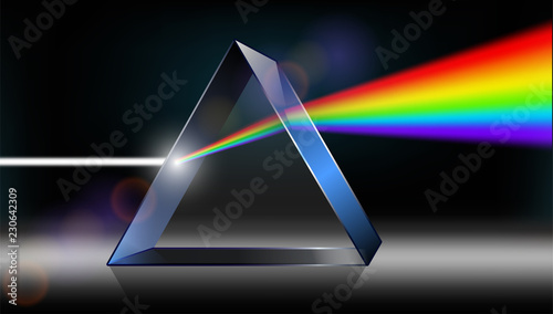 Optics physics. The white light shines through the prism. Produce rainbow colors in 3D illustrator.