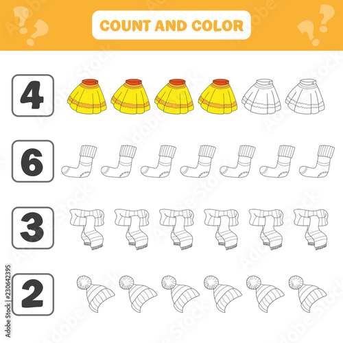Mathematics worksheet for kids. Count and color educational children activity. Black and White Cartoon Illustration of Educational Counting Game for Children with Clothes