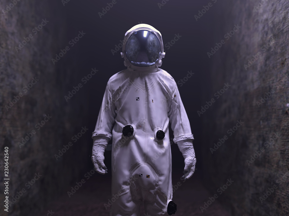 astronaut walking in the dark tunnel astronaut walking in the dark tunnel
